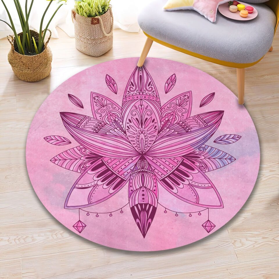Pink Mandala Lotus Rug Boho Floral Carpet Spiritual Meditation Room Decor Modern Home Accent
