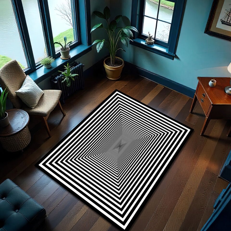 3D Optical Illusion Rug – Black and White Geometric Floor Mat