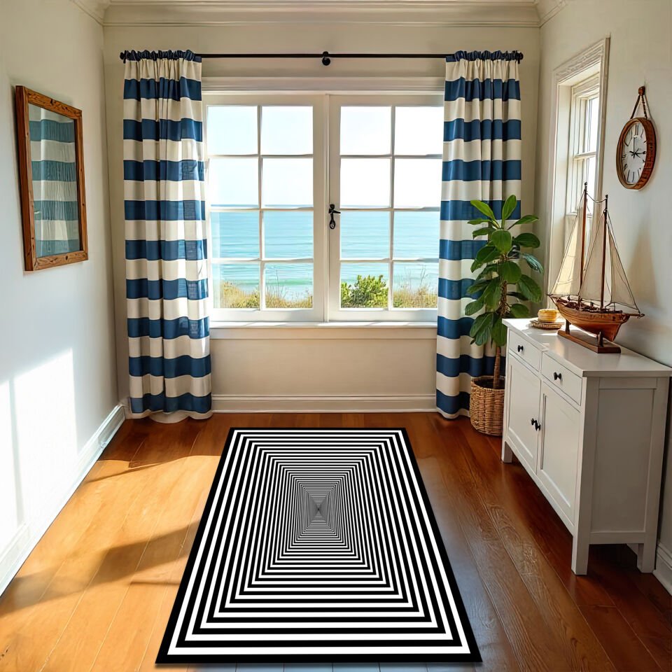 3D Optical Illusion Rug – Black and White Geometric Floor Mat
