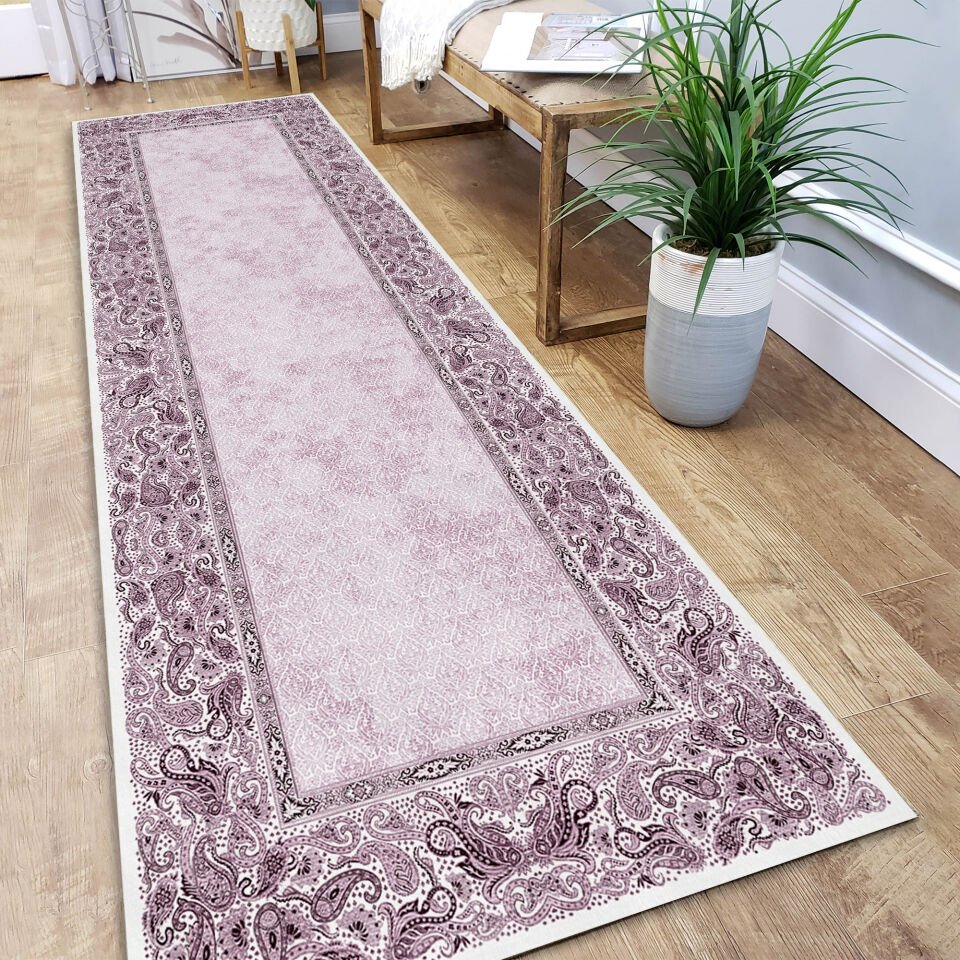 Purple Paisley Border Kitchen Runner Rug – Hallway Carpet for Kitchen