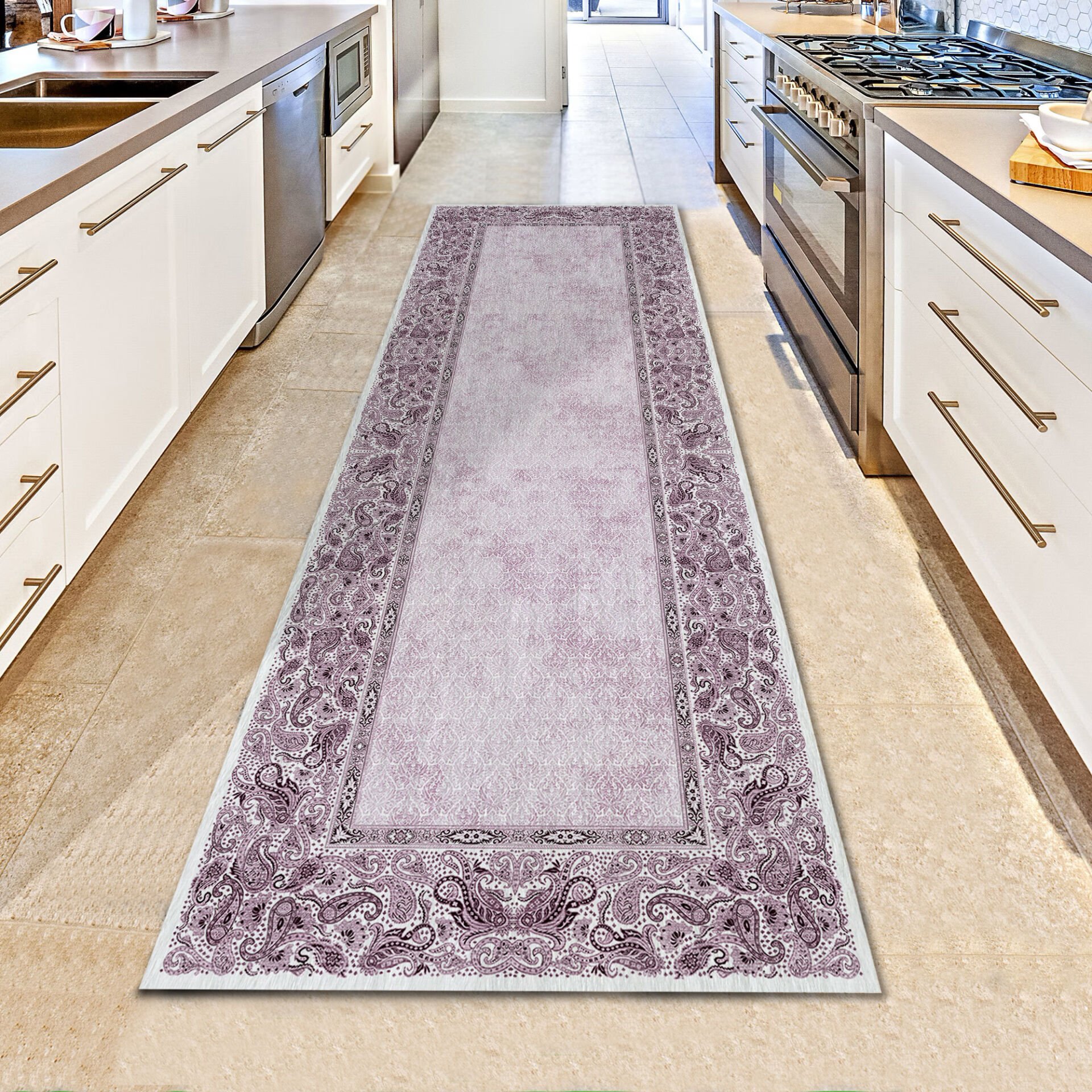 Purple Paisley Border Kitchen Runner Rug – Hallway Carpet for Kitchen