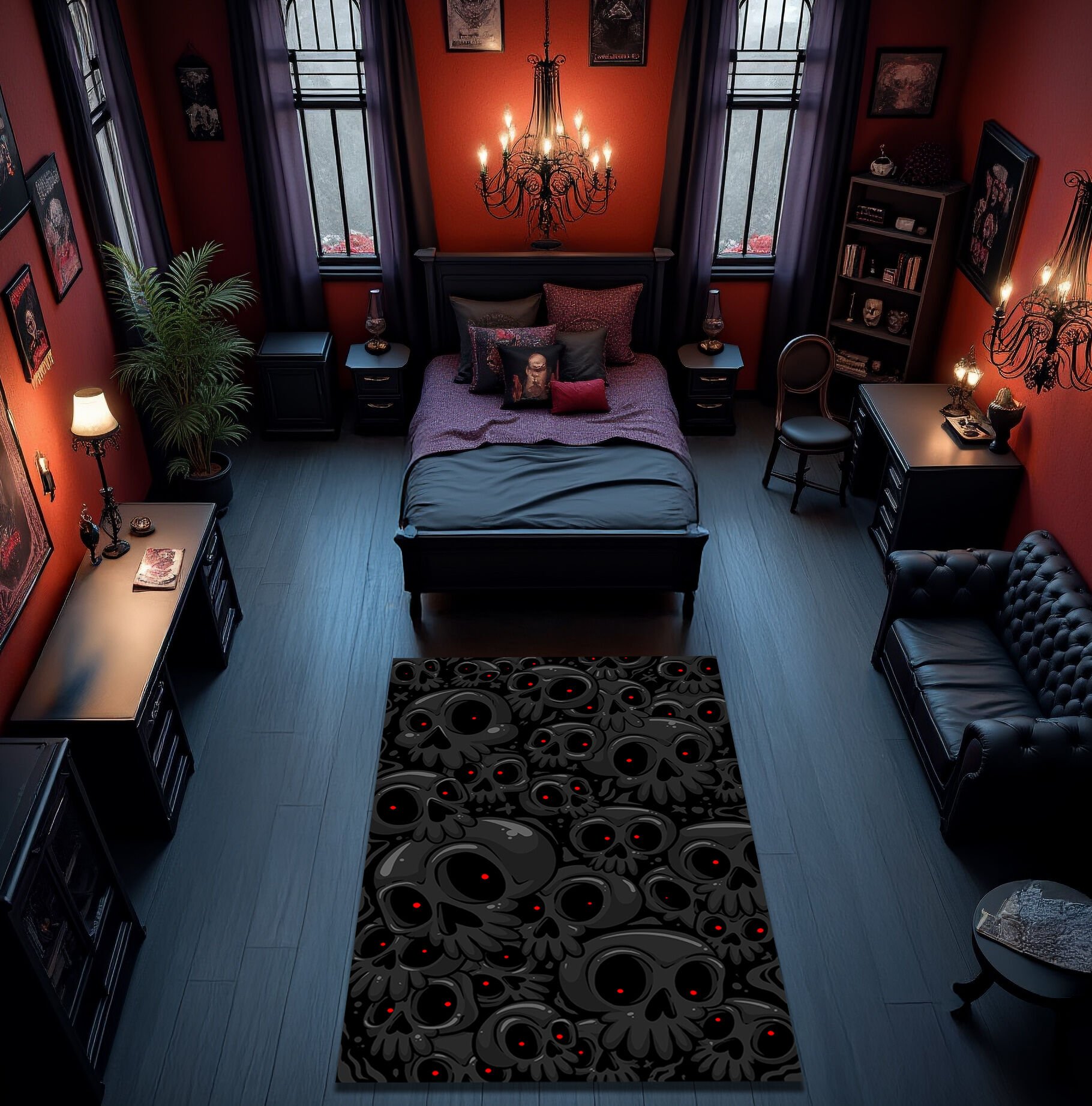 Dark Skull Pattern Rug with Red Eyes – Gothic Horror Floor Mat