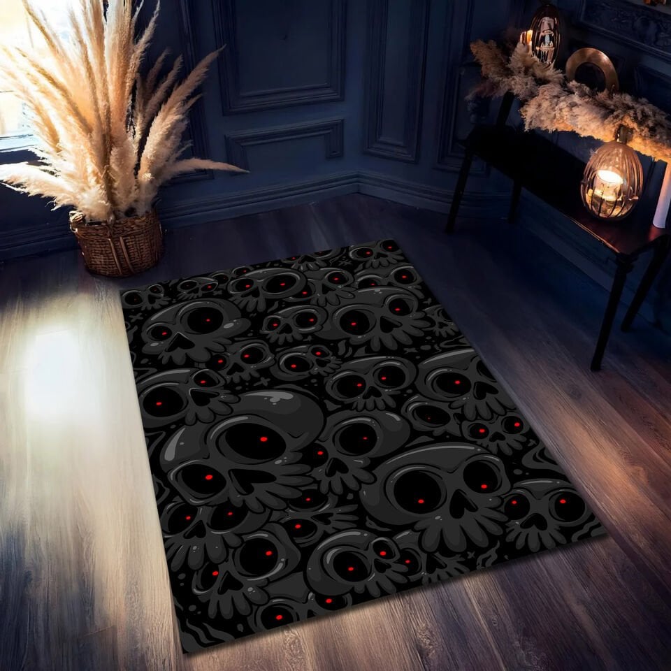 Dark Skull Pattern Rug with Red Eyes – Gothic Horror Floor Mat