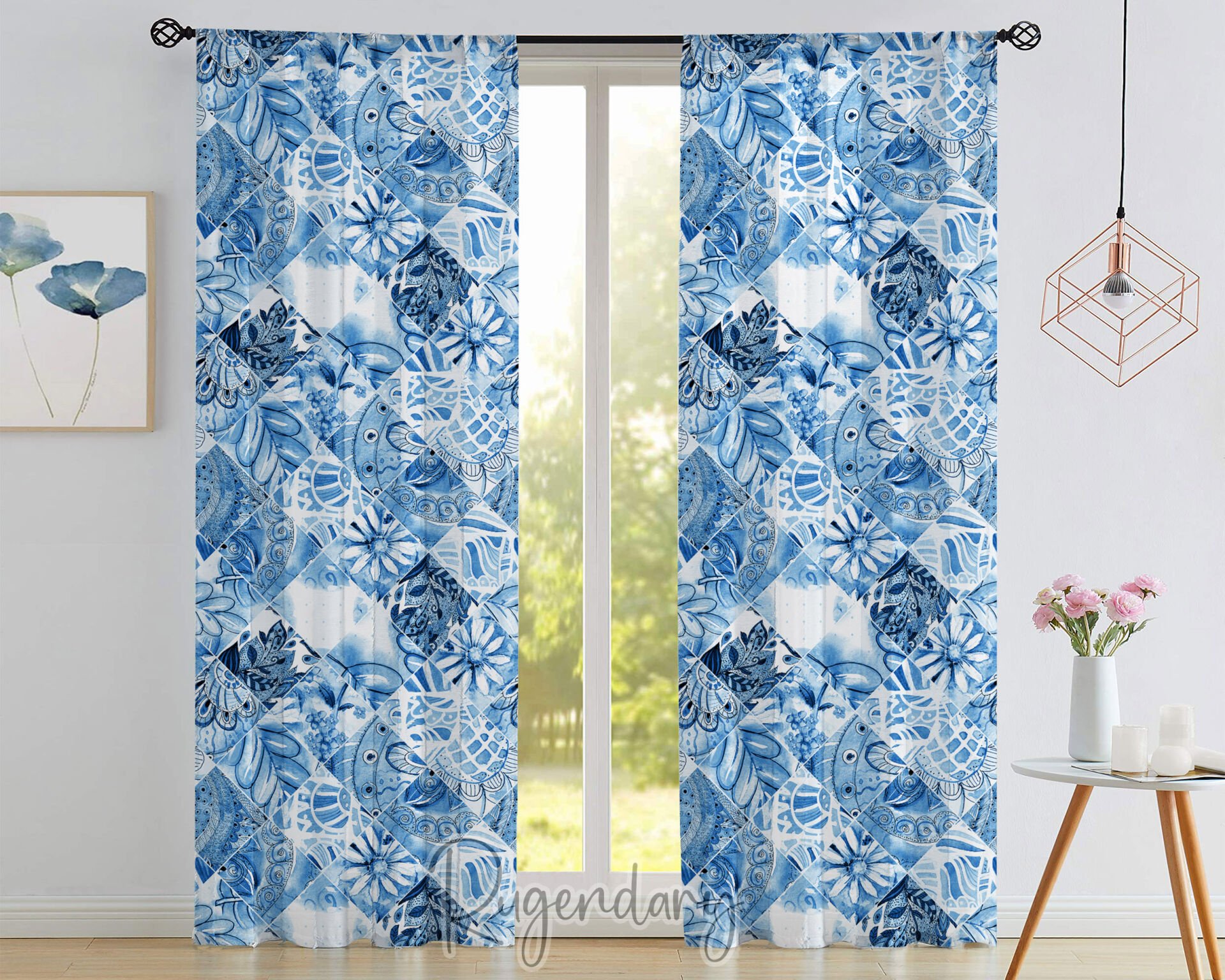 Blue Tile Patchwork Curtain, Marble Pattern Curtain, Modern Kitchen Curtain, Living Room Curtain, Minimal Bedroom Decor