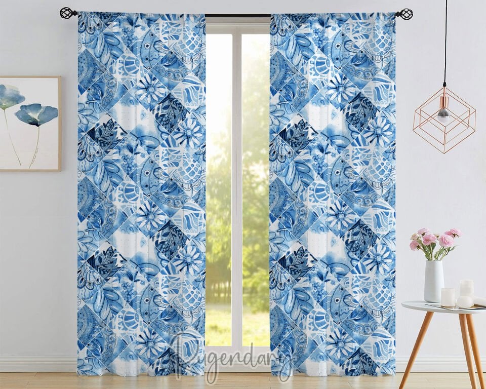 Blue Tile Patchwork Curtain, Marble Pattern Curtain, Modern Kitchen Curtain, Living Room Curtain, Minimal Bedroom Decor