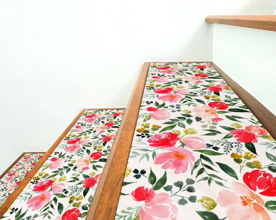 Elegant Pink & Red Floral Stair Treads – Classic Garden Roses & Greenery Design