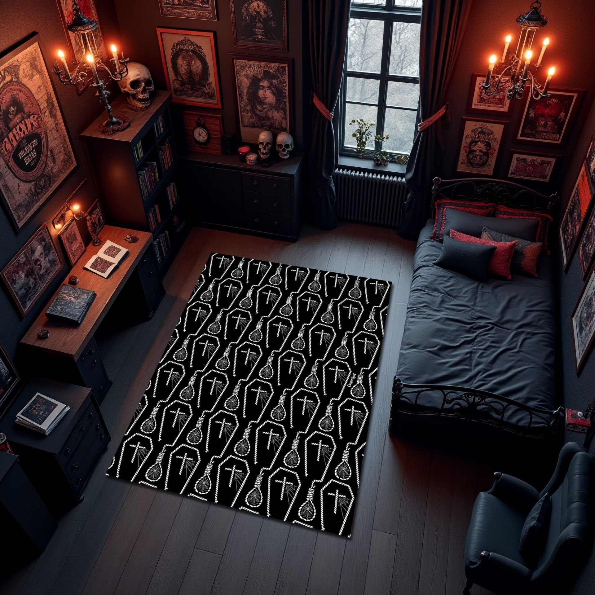 Gothic Coffin Rug with Cross & Noose Pattern – Dark Aesthetic Carpet for Alternative Bedrooms