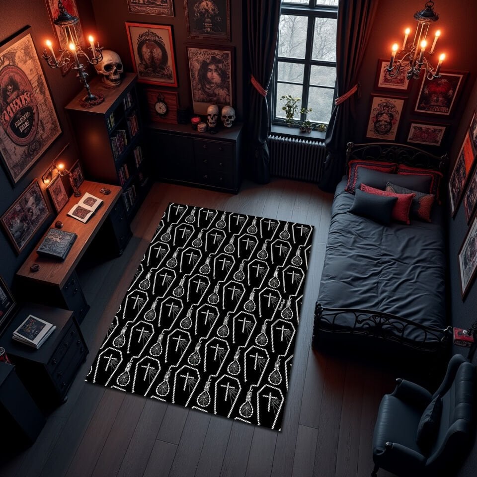 Gothic Coffin Rug with Cross & Noose Pattern – Dark Aesthetic Carpet for Alternative Bedrooms