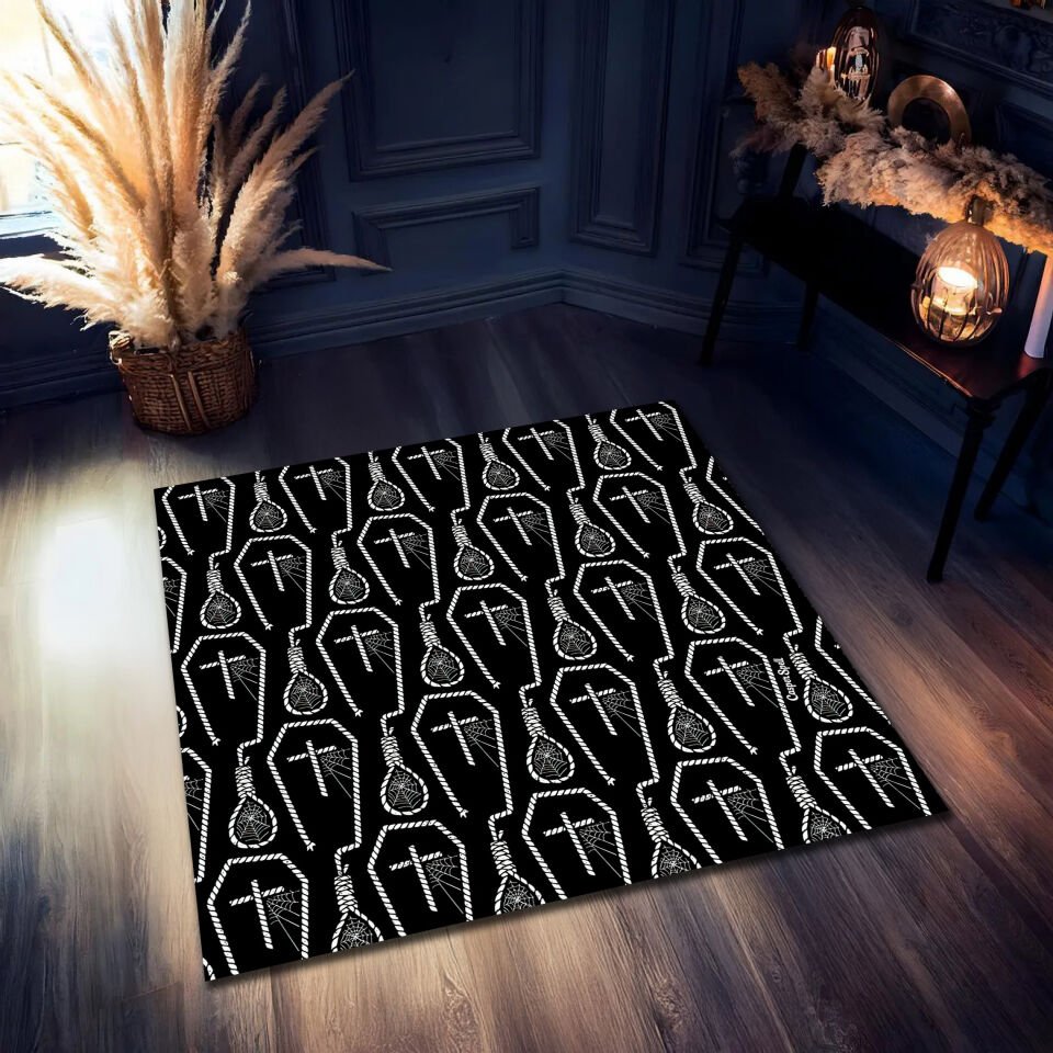 Gothic Coffin Rug with Cross & Noose Pattern – Dark Aesthetic Carpet for Alternative Bedrooms