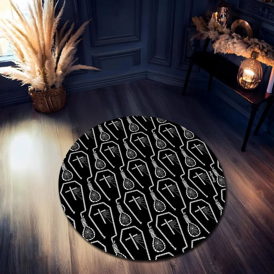 Gothic Coffin Rug with Cross & Noose Pattern – Dark Aesthetic Carpet for Alternative Bedrooms