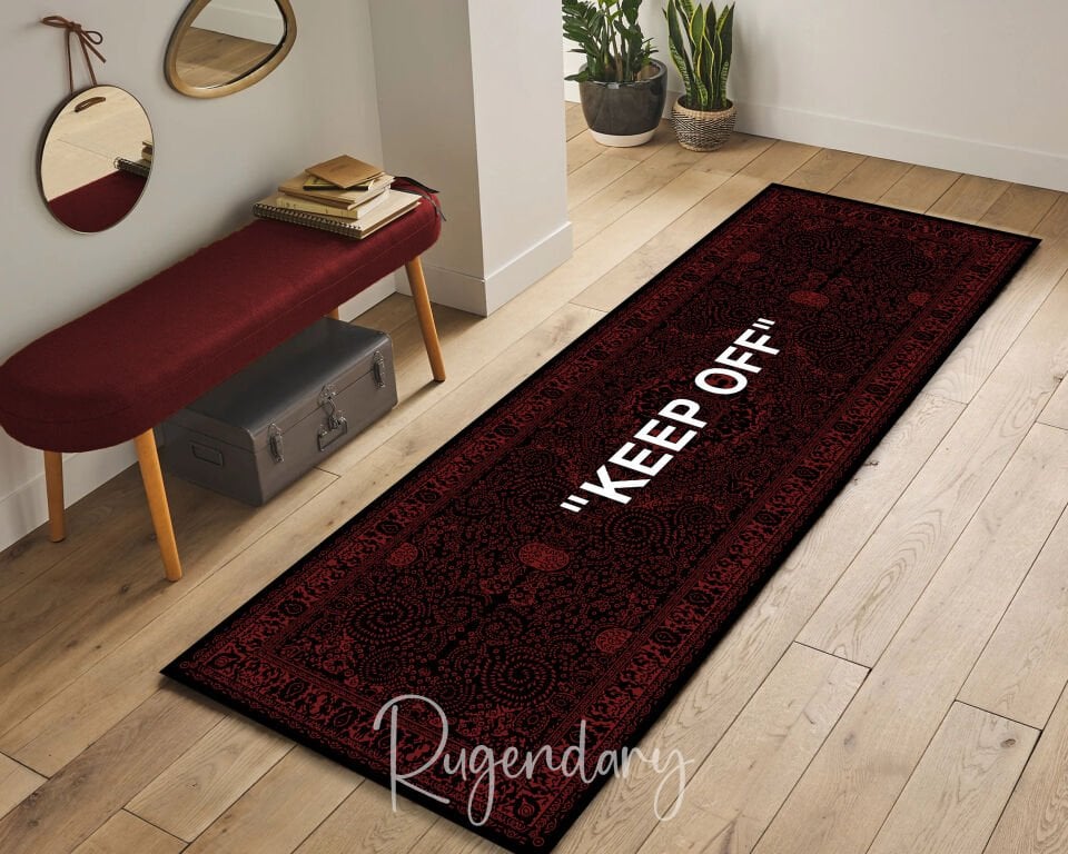 Modern Black & Red Runner Rug with “KEEP OFF” Quote – Stylish Kitchen & Hallway Accent
