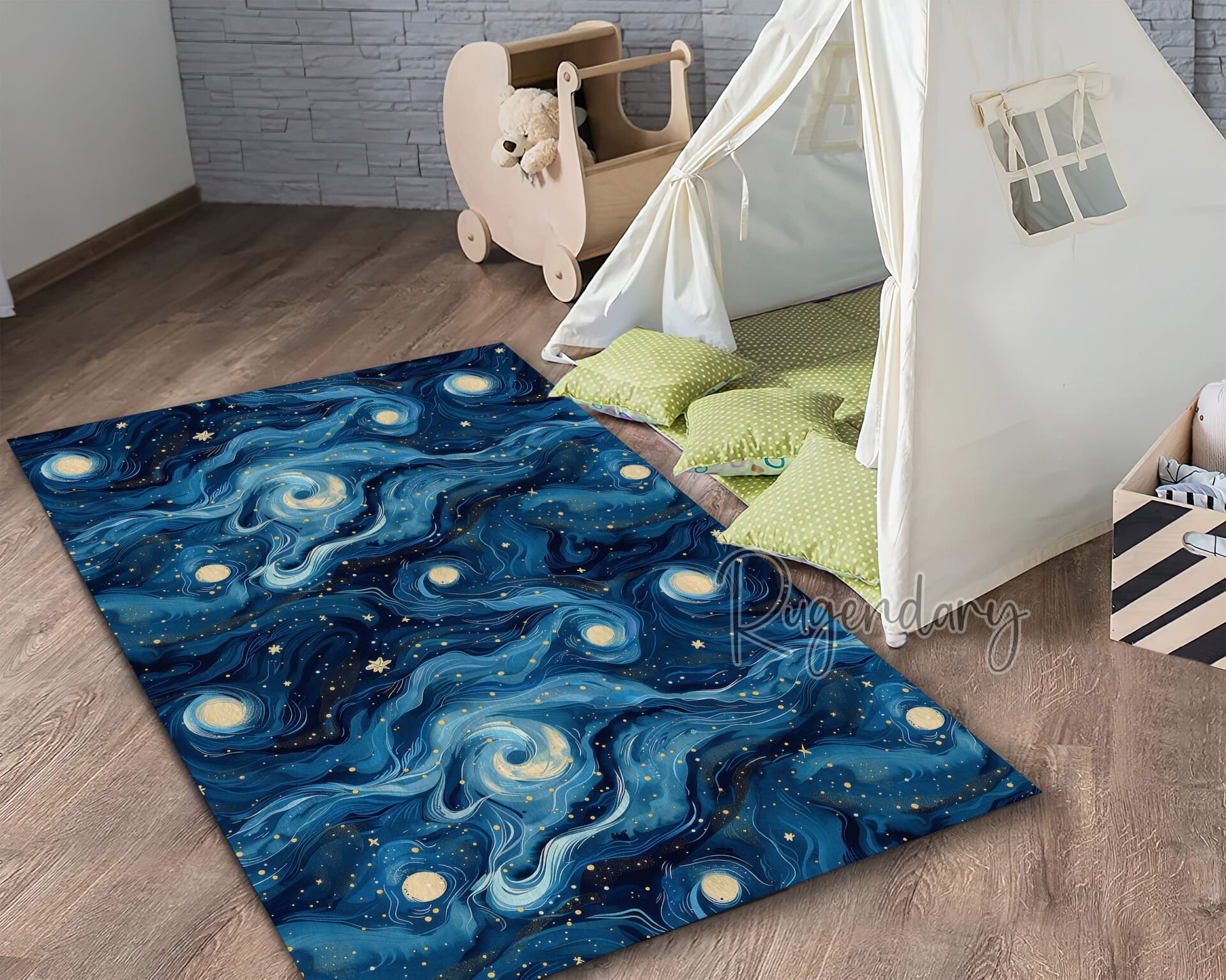 Whimsical Galaxy Kids Room Rug – Starry Sky Playroom Carpet