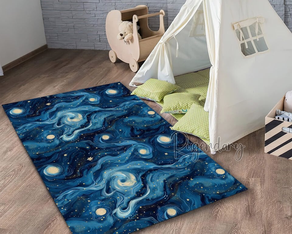Whimsical Galaxy Kids Room Rug – Starry Sky Playroom Carpet