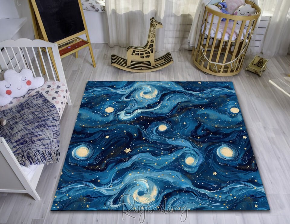 Whimsical Galaxy Kids Room Rug – Starry Sky Playroom Carpet