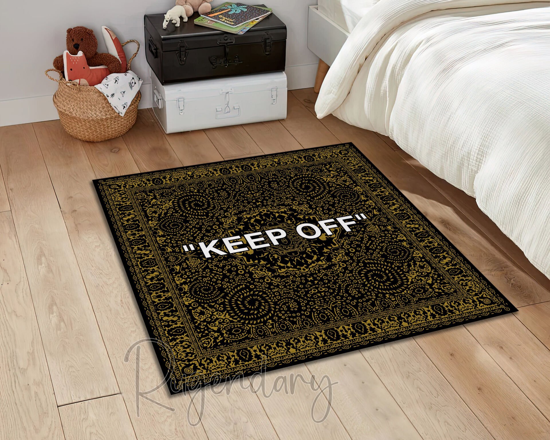 Black Square Rug with Gold Patterns and White Lettering – Luxe Modern Design