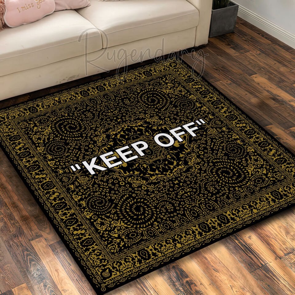 Black Square Rug with Gold Patterns and White Lettering – Luxe Modern Design