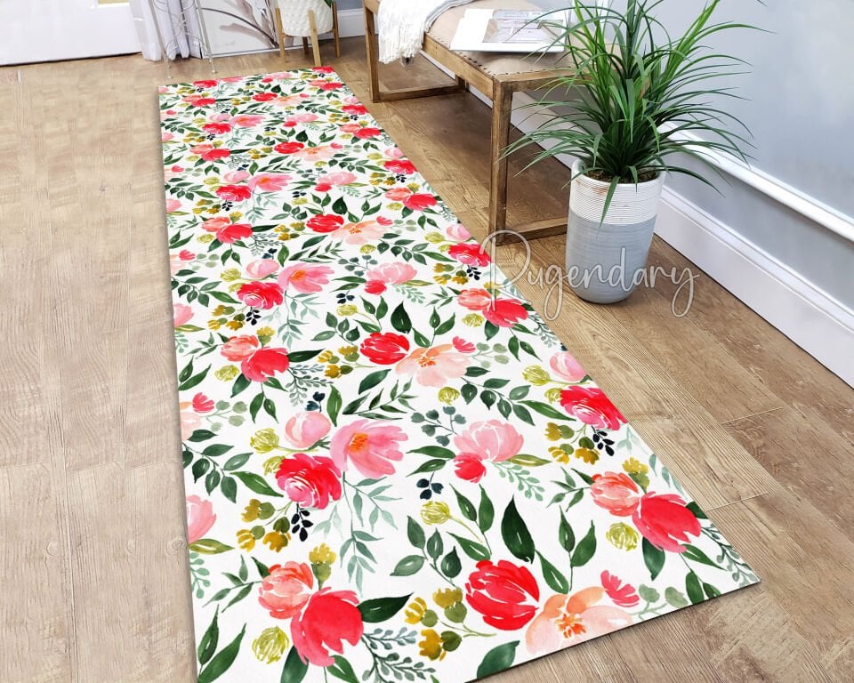 Floral Kitchen Runner Rug – Vibrant Long Carpet with Red & Pink Blossoms