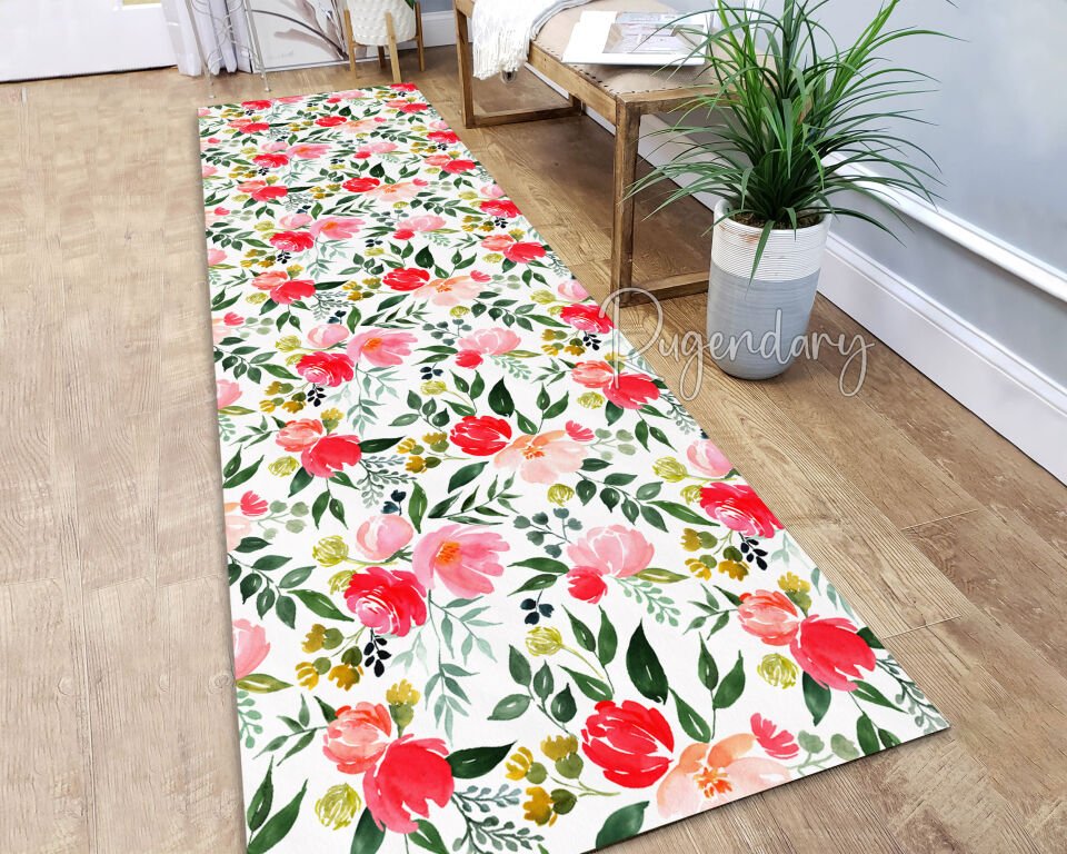 Floral Kitchen Runner Rug – Vibrant Long Carpet with Red & Pink Blossoms