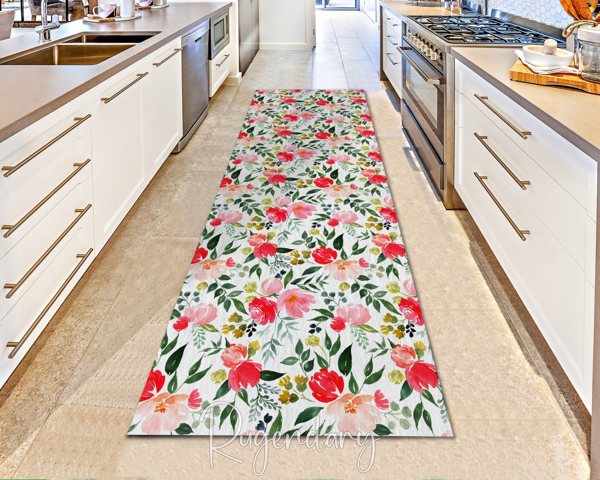 Floral Kitchen Runner Rug – Vibrant Long Carpet with Red & Pink Blossoms