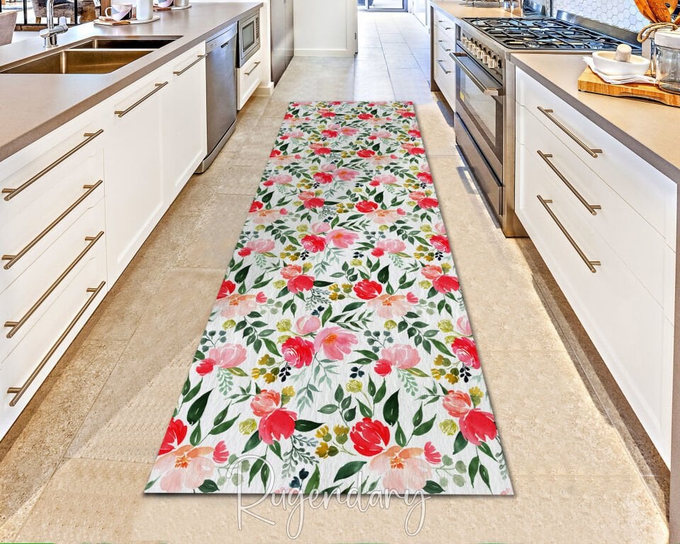 Floral Kitchen Runner Rug – Vibrant Long Carpet with Red & Pink Blossoms