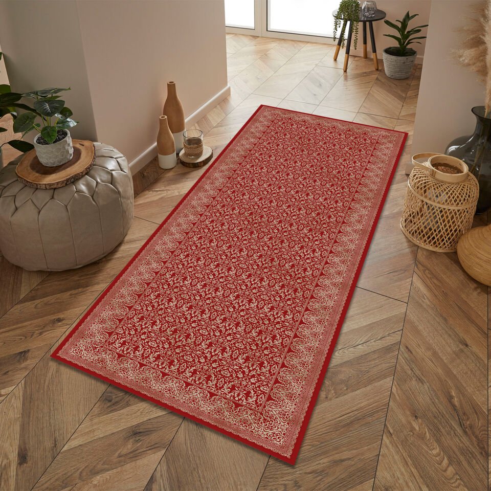 Elegant Red Pattern Runner Rug for Hallway and Kitchen Spaces