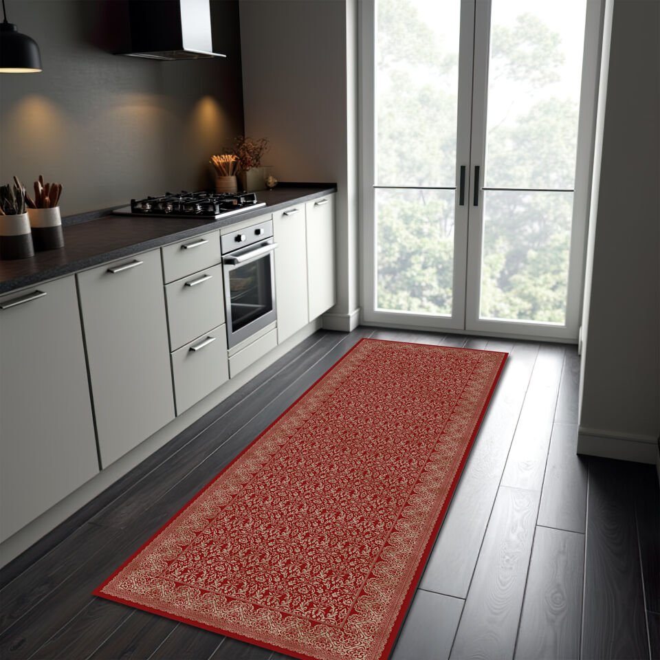 Elegant Red Pattern Runner Rug for Hallway and Kitchen Spaces
