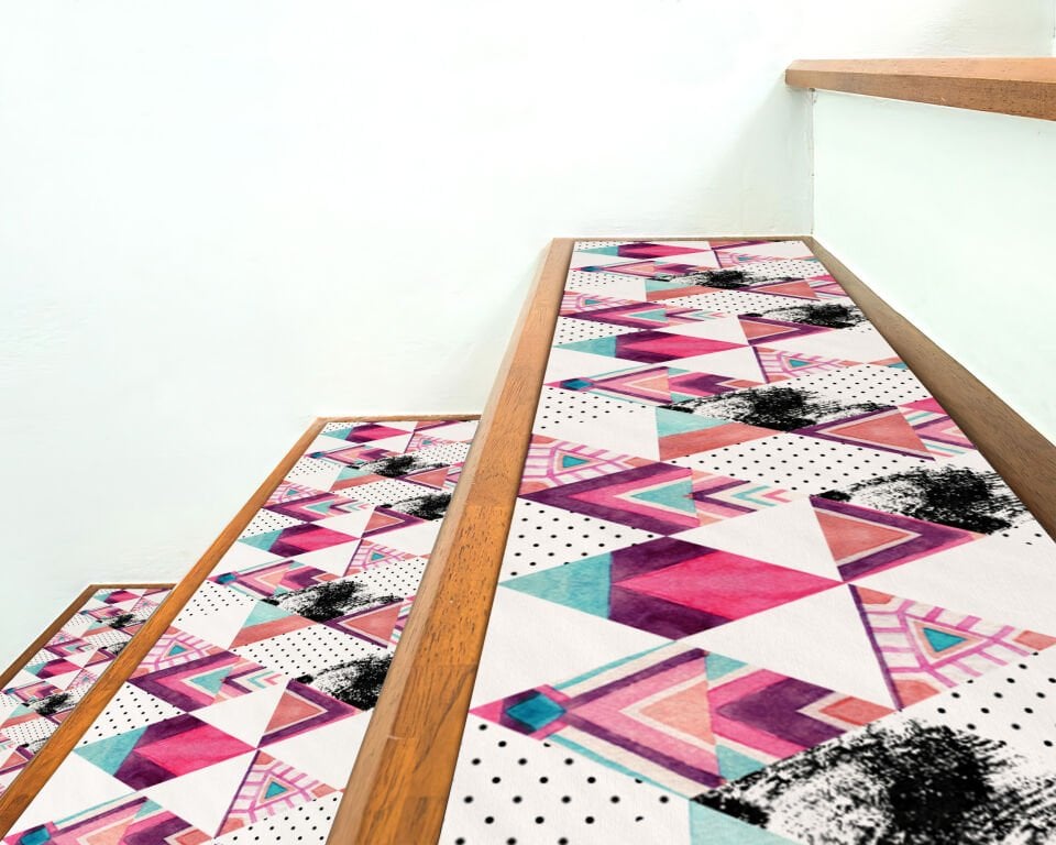 Geometric Pink & Teal Stair Treads – Bold Modern Triangle Pattern