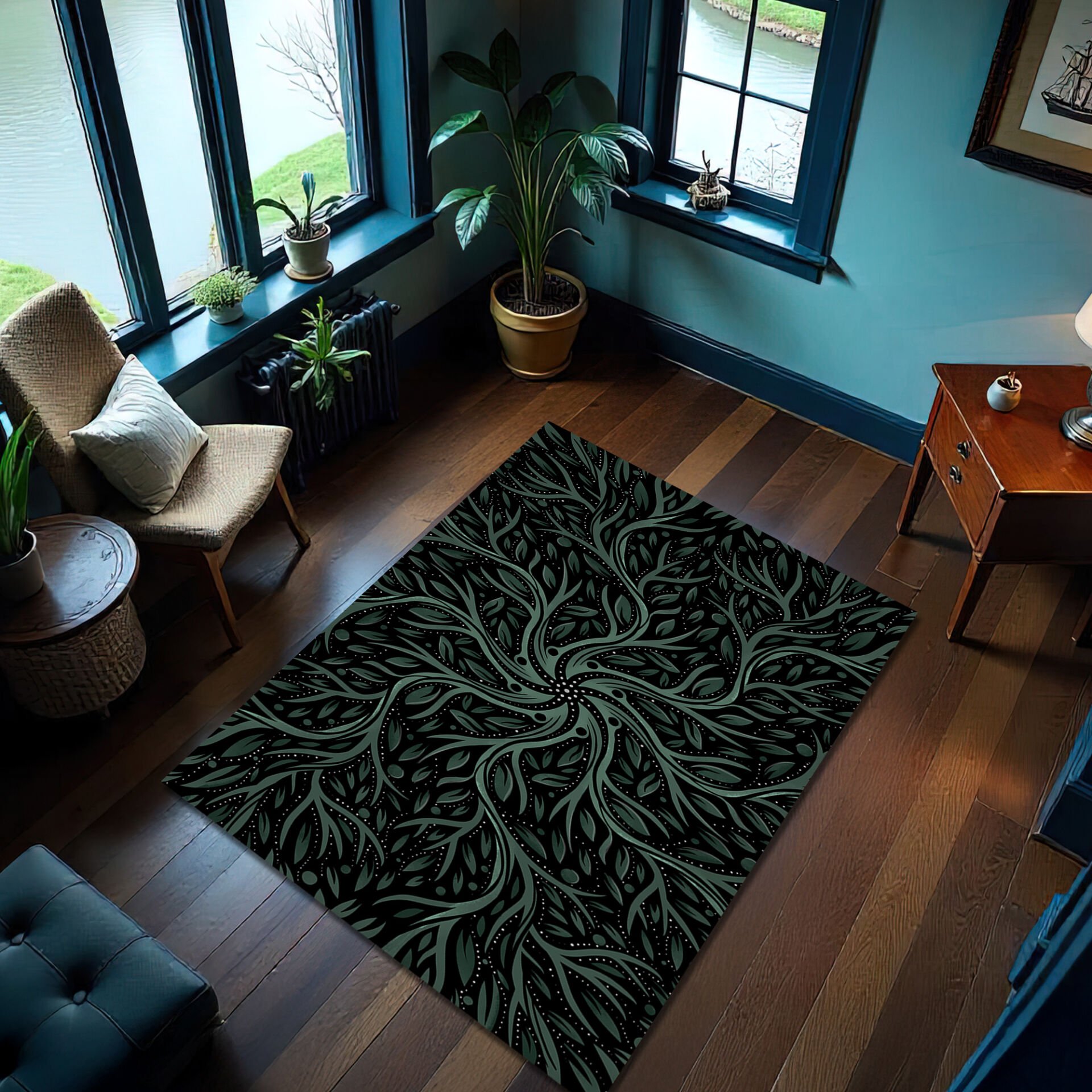 Botanic Flow Rug – Dark Green Abstract Nature-Inspired Area Carpet