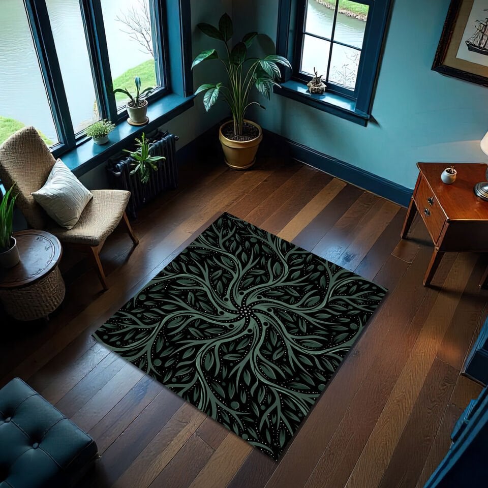 Botanic Flow Rug – Dark Green Abstract Nature-Inspired Area Carpet