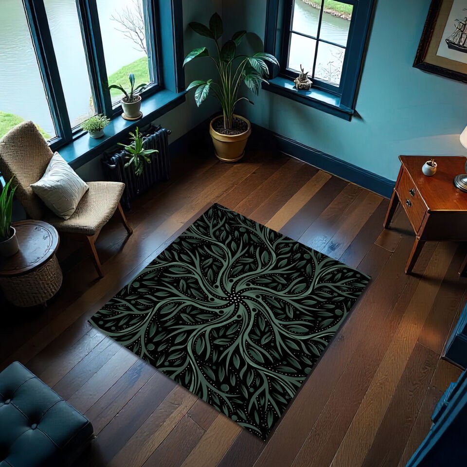 Botanic Flow Rug – Dark Green Abstract Nature-Inspired Area Carpet