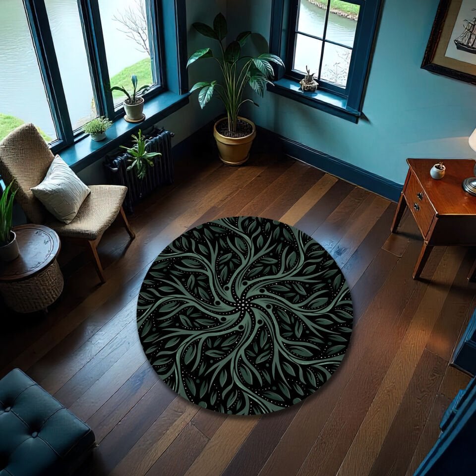 Botanic Flow Rug – Dark Green Abstract Nature-Inspired Area Carpet
