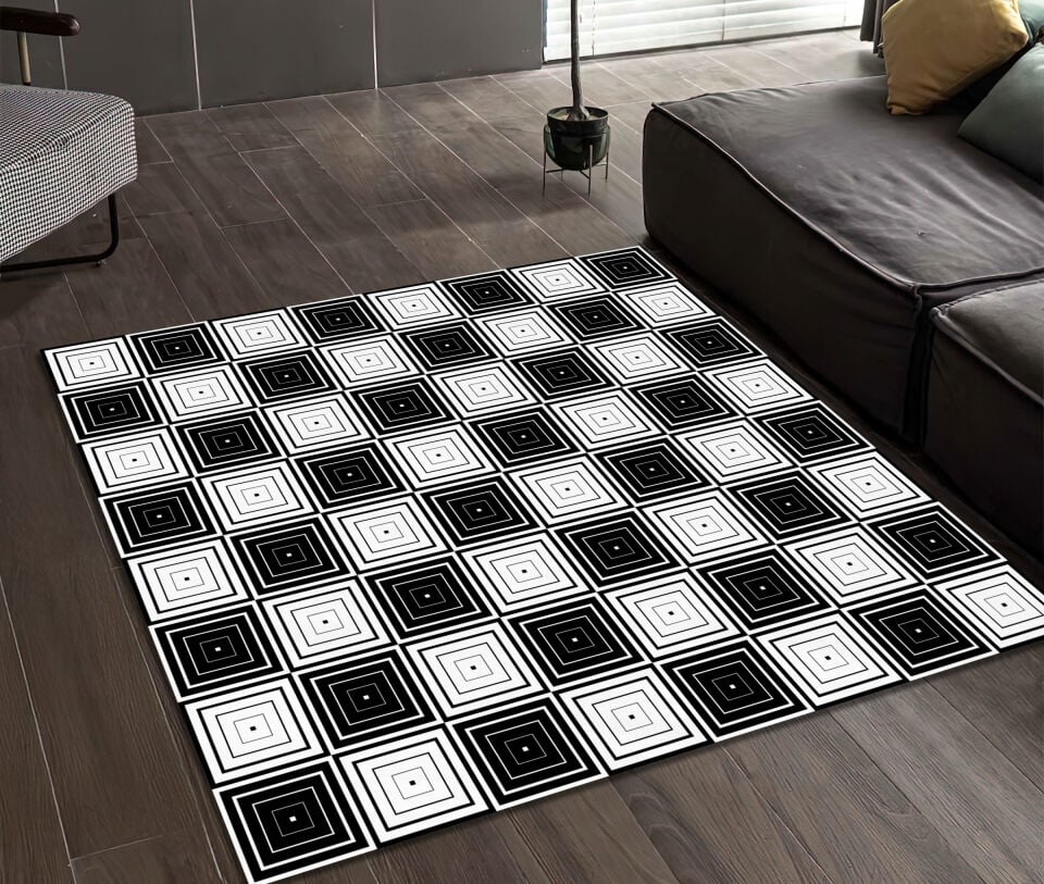 Black and White Optical Illusion Rug Geometric Pattern Carpet Modern Art Floor Mat for Home Decor