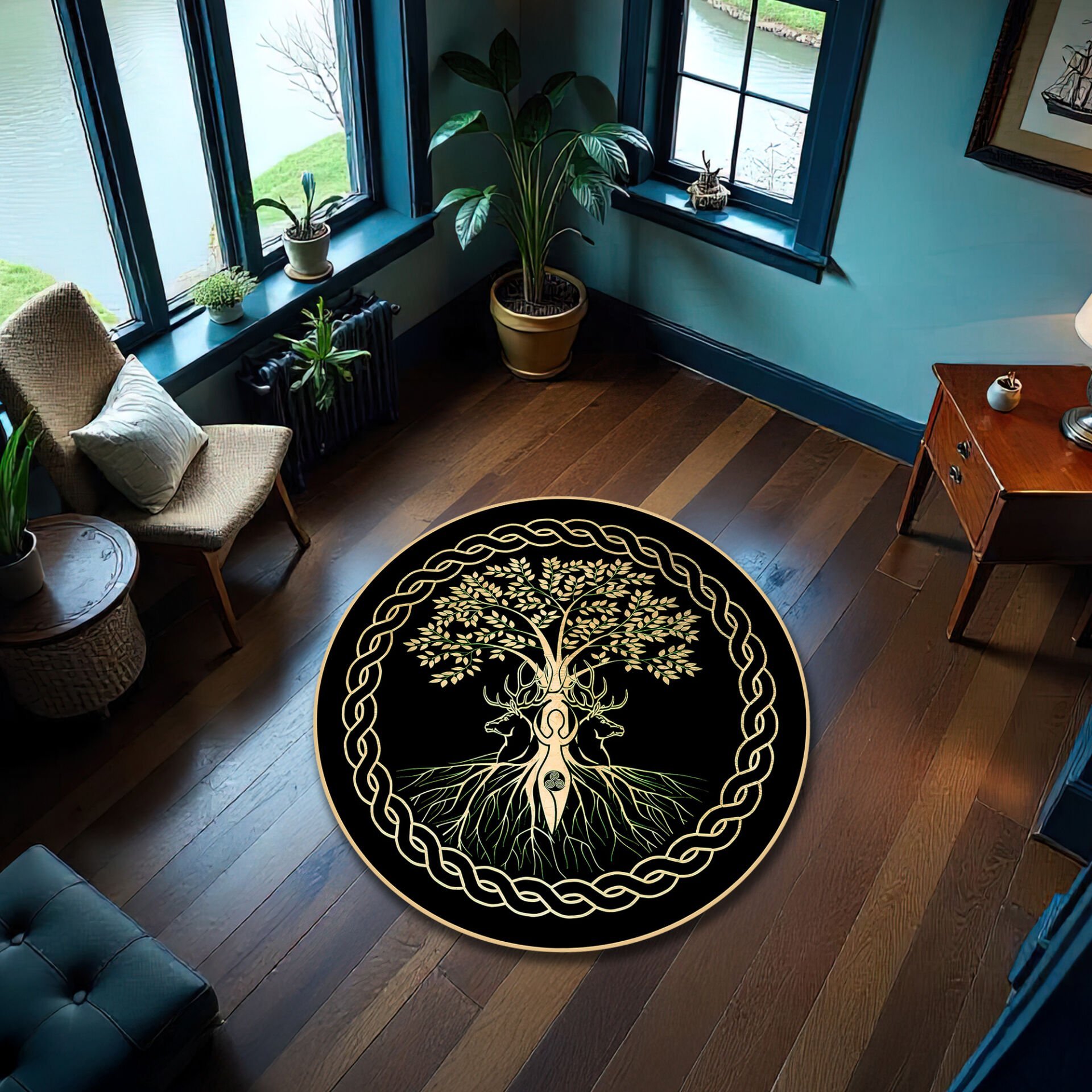Elegant Tree of Life Round Living Room Rug – Celtic Inspired Design