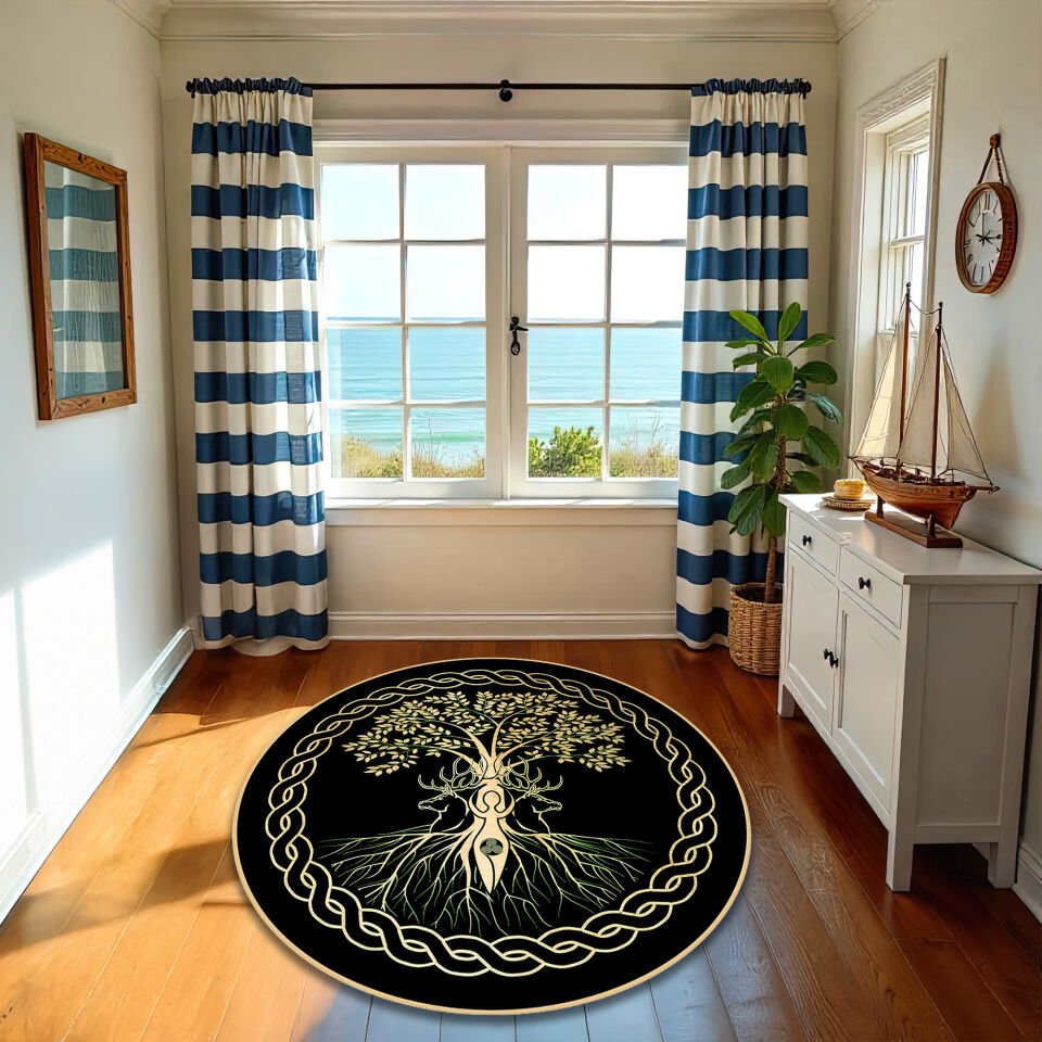 Elegant Tree of Life Round Living Room Rug – Celtic Inspired Design