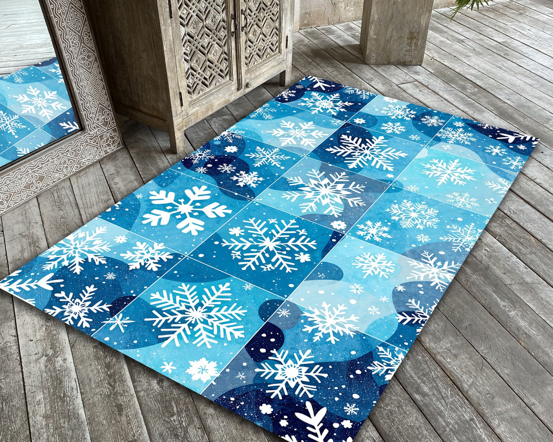 Winter Snowflake Rug Blue Christmas Carpet for Living Room and Holiday Decor
