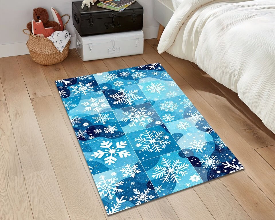 Winter Snowflake Rug Blue Christmas Carpet for Living Room and Holiday Decor
