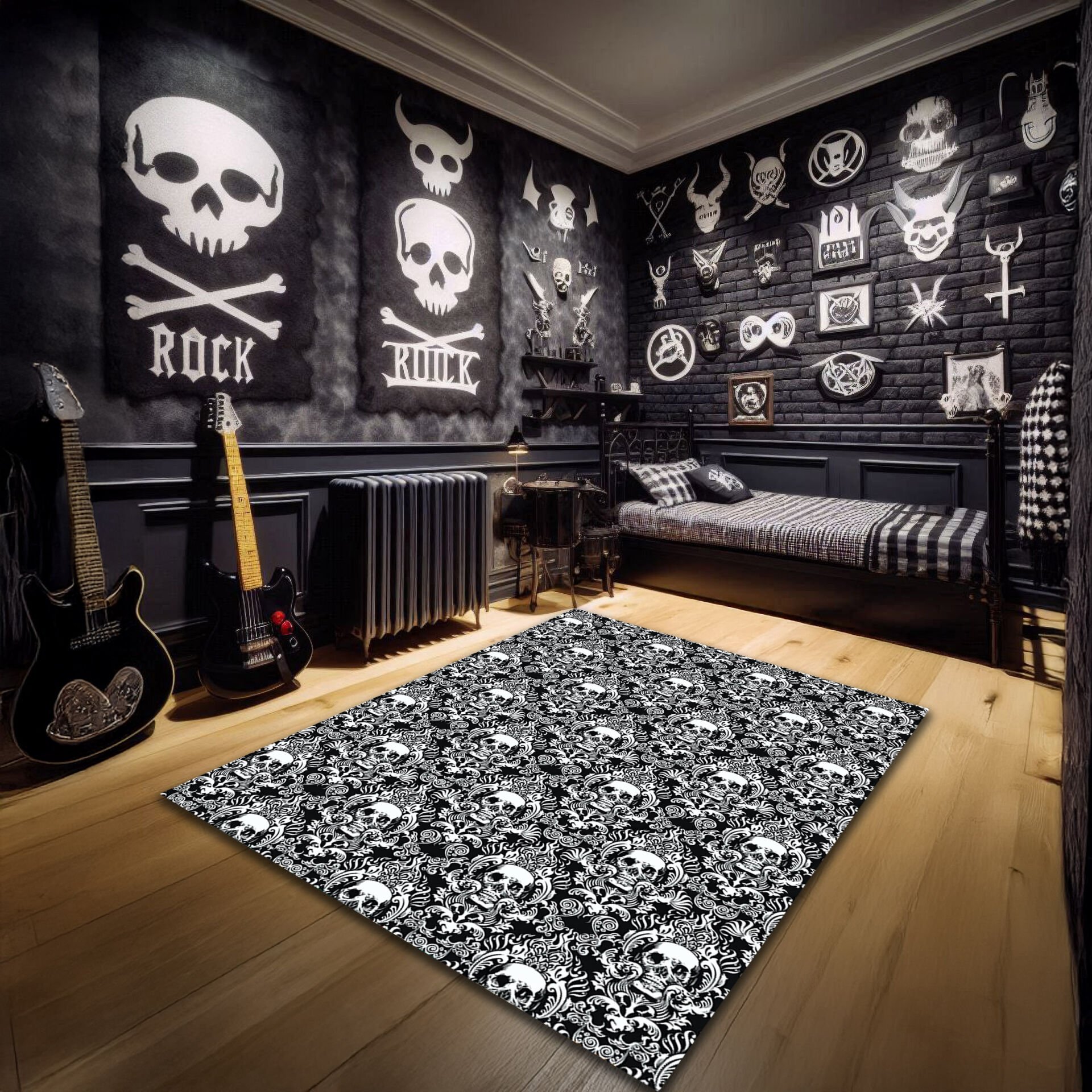 Elegant Gothic Skull Pattern Rug – Victorian Damask Style Carpet for Alternative Interiors