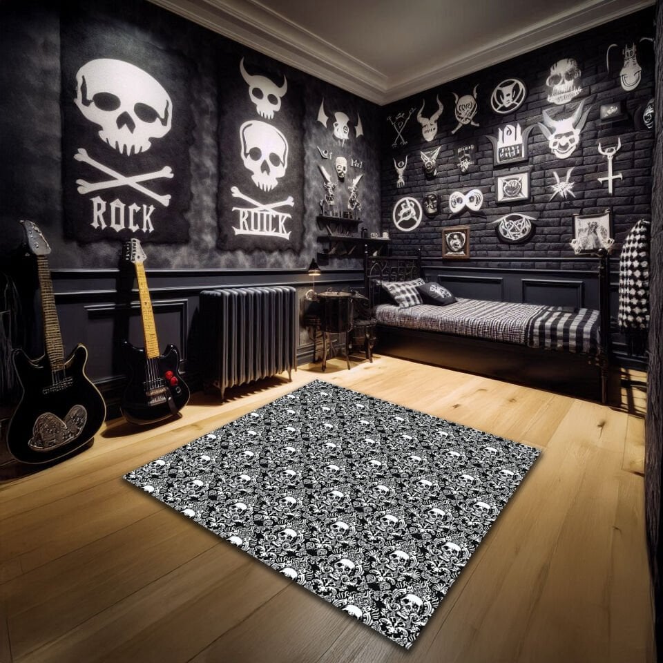 Elegant Gothic Skull Pattern Rug – Victorian Damask Style Carpet for Alternative Interiors