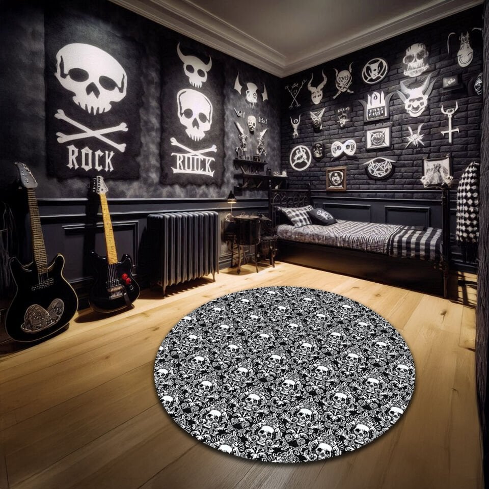 Elegant Gothic Skull Pattern Rug – Victorian Damask Style Carpet for Alternative Interiors