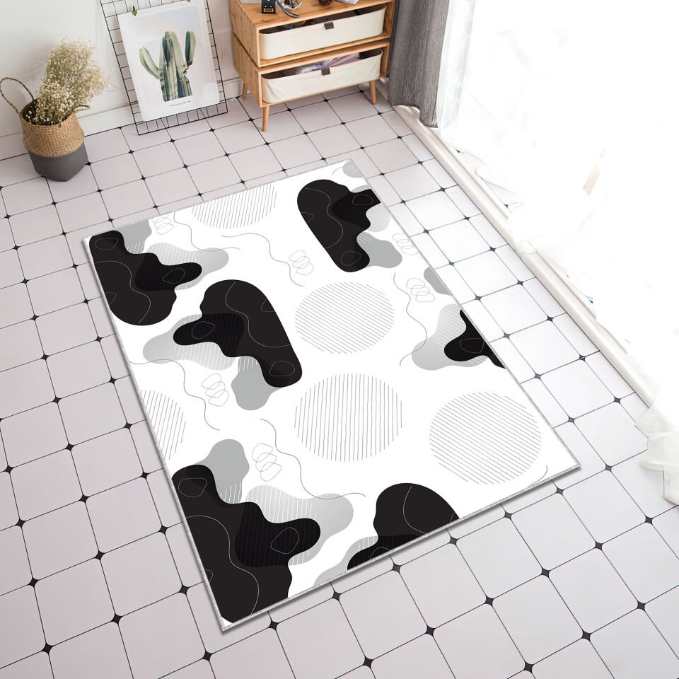 Black White Abstract Area Rug Modern Minimal Geometric Pattern Carpet