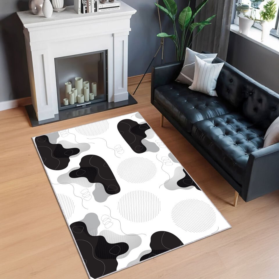 Black White Abstract Area Rug Modern Minimal Geometric Pattern Carpet