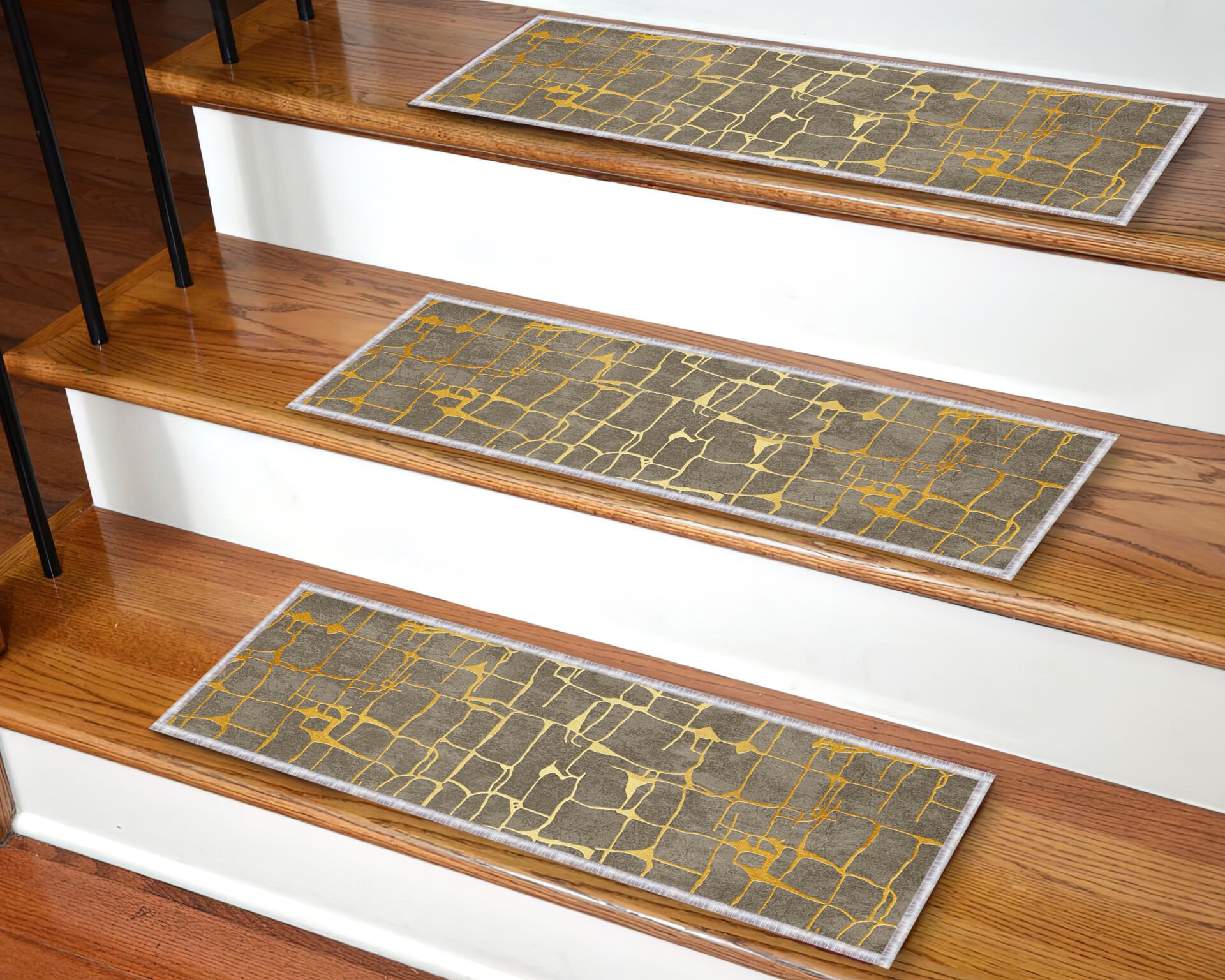 Taupe & Gold Abstract Stair Treads – Non-Slip Carpet Mats for Wooden Steps