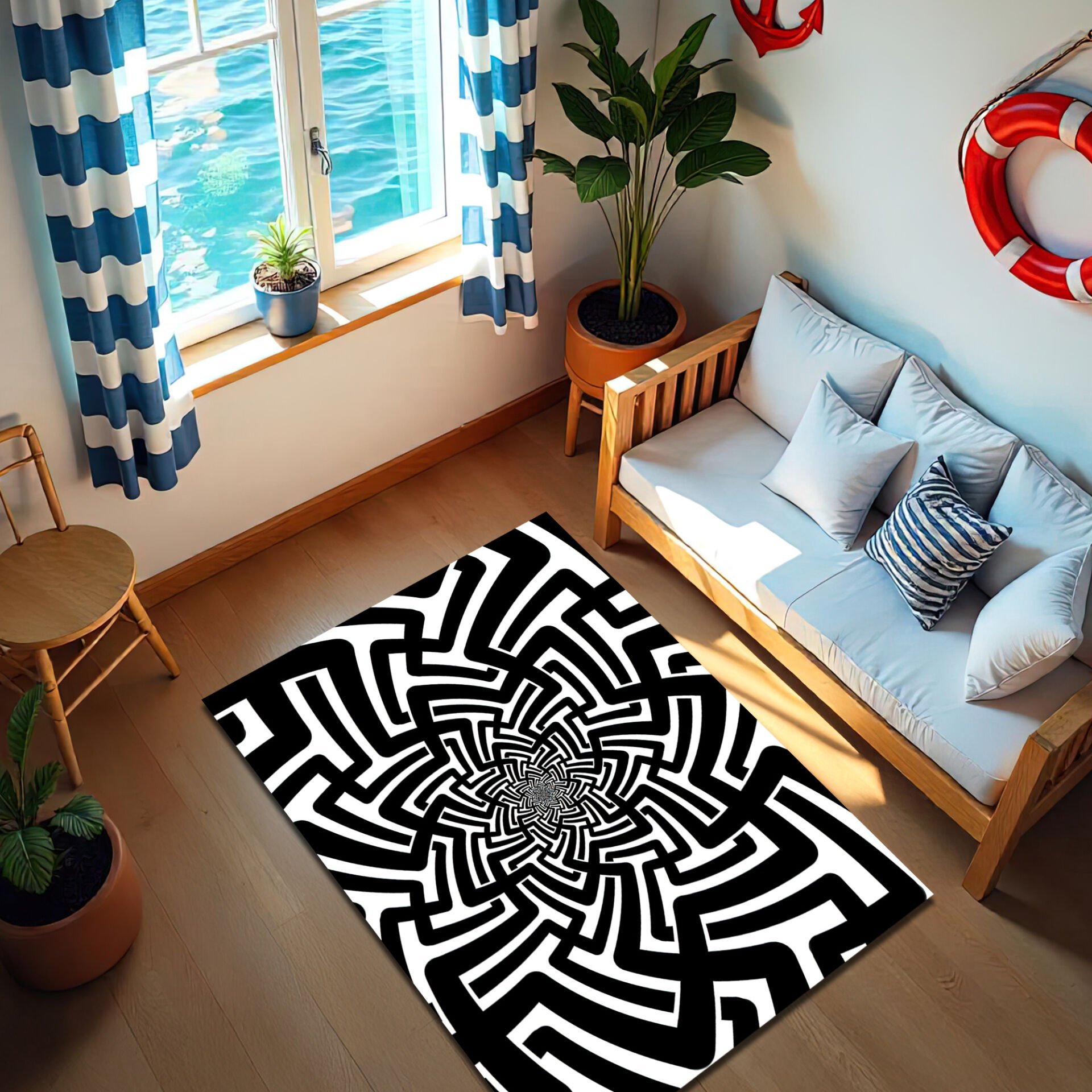 Black & White Optical Illusion Maze Rug – Modern Abstract Design