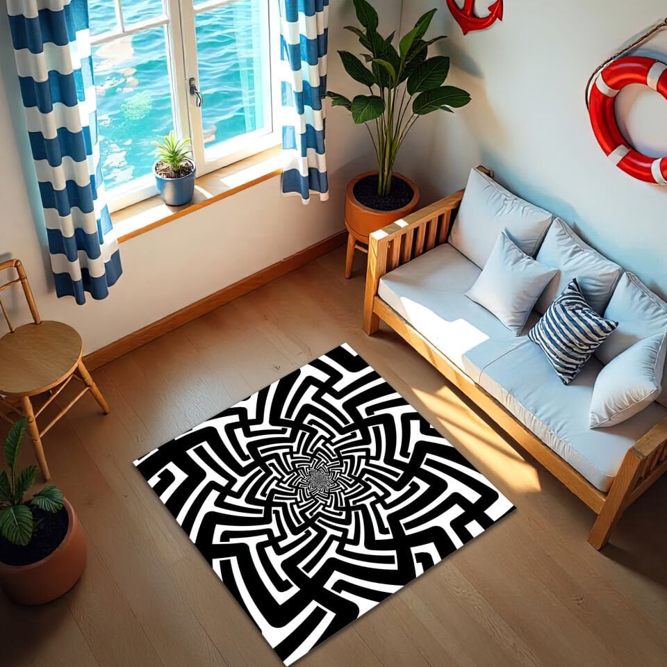 Black & White Optical Illusion Maze Rug – Modern Abstract Design