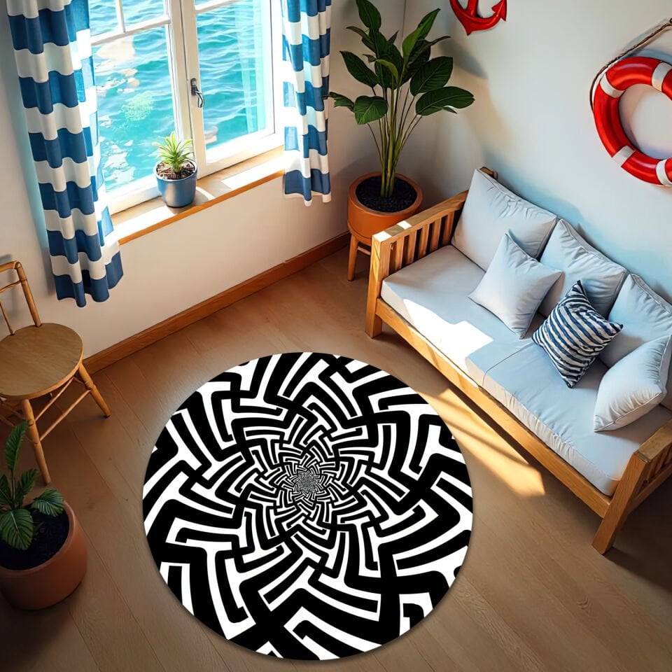 Black & White Optical Illusion Maze Rug – Modern Abstract Design