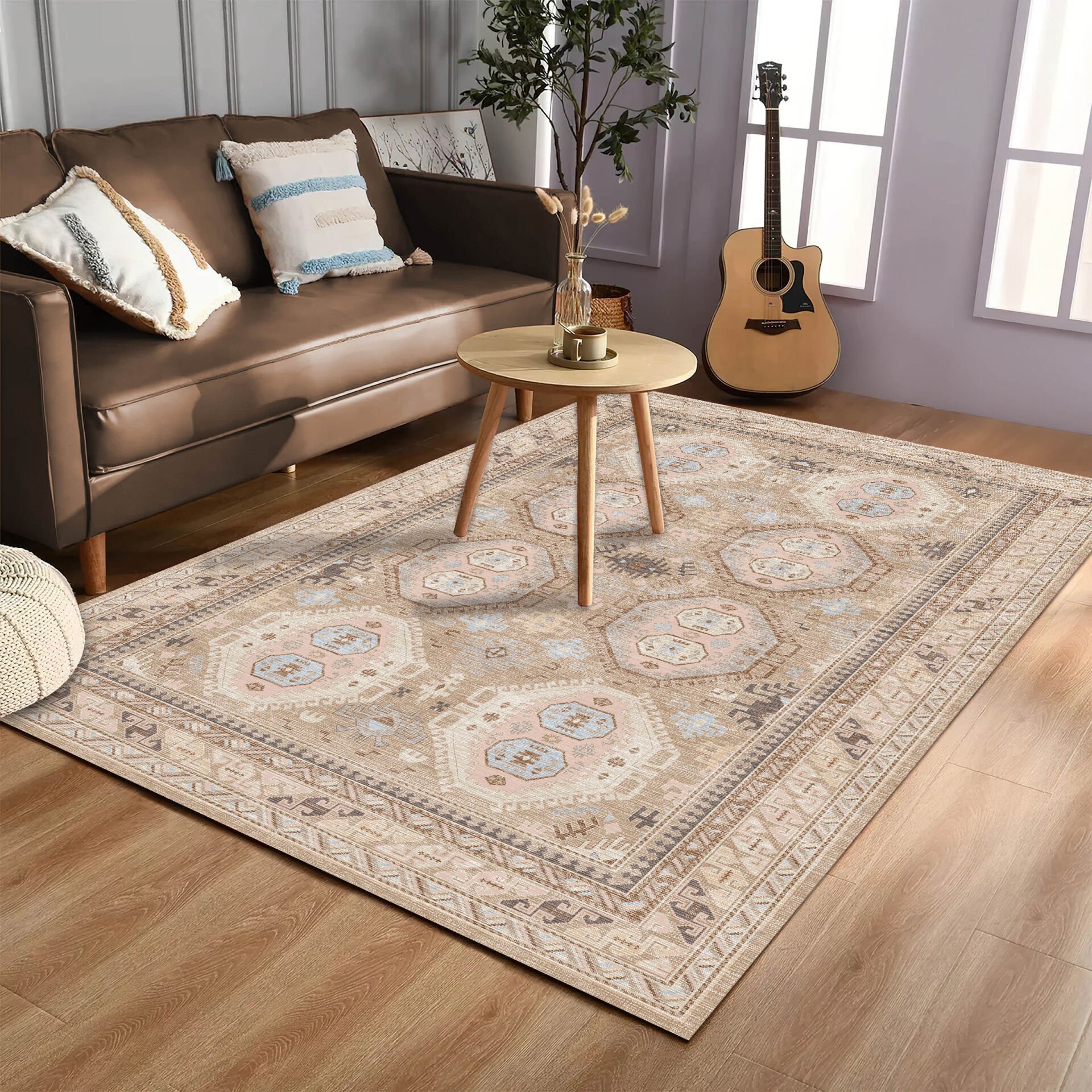 Beige Oriental Area Rug Geometric Tribal Pattern Decorative Carpet