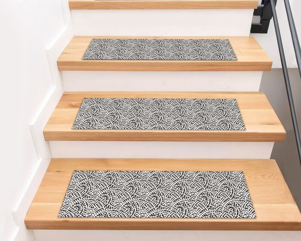 Black & White Maze Pattern Stair Mats – Modern Step Rug Set