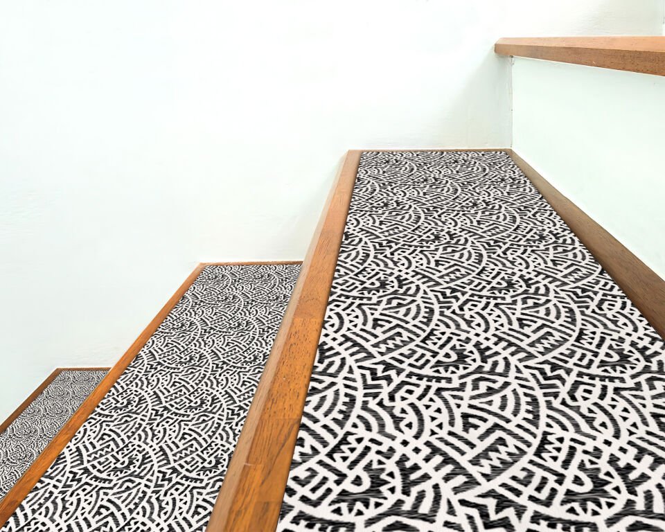 Black & White Maze Pattern Stair Mats – Modern Step Rug Set