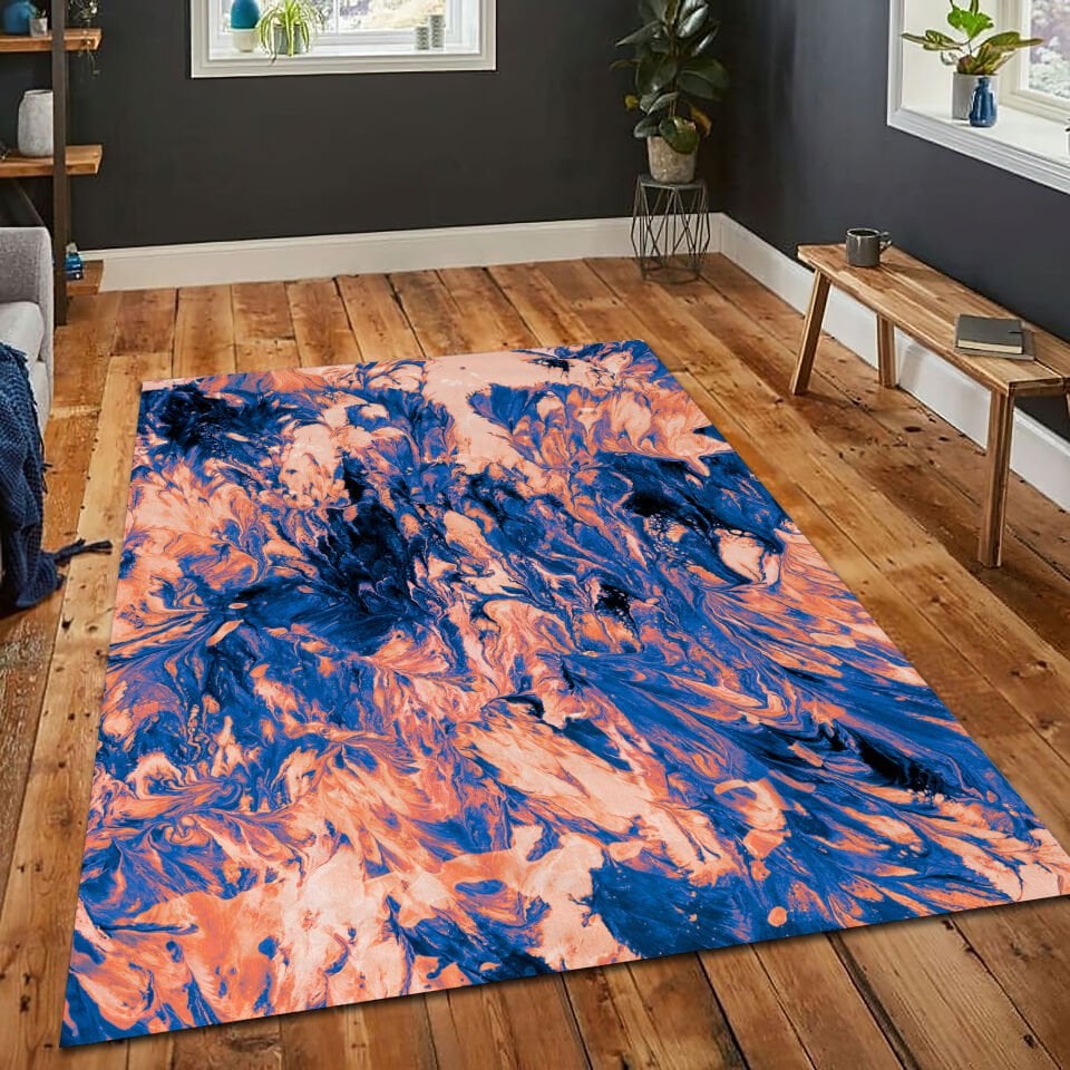 Abstract Blue Orange Rug Modern Fluid Pattern Carpet for Living Room and Bedroom