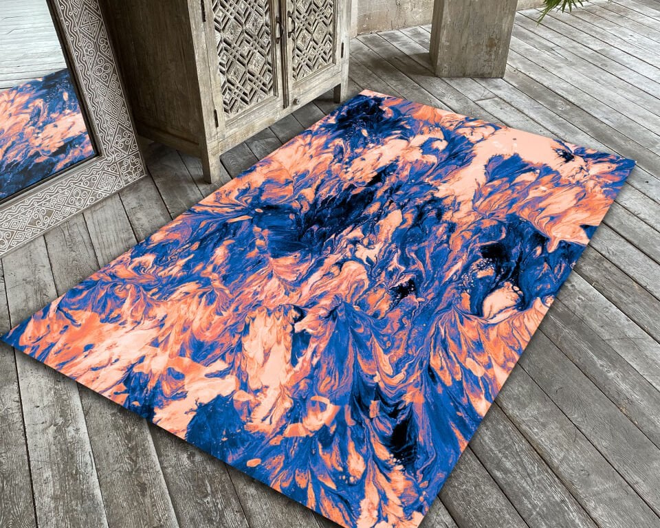 Abstract Blue Orange Rug Modern Fluid Pattern Carpet for Living Room and Bedroom